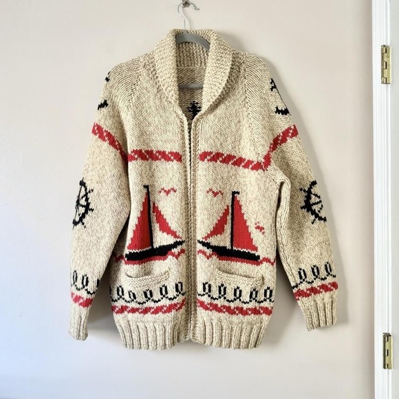 Handmade Sweaters - Vintage Sailing Wool Knit Cowichan Zip Cardigan 1950-70s cream red black